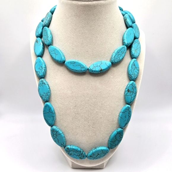 VINTAGE Large Glass Turquoise Flat Beaded Chunky Statement Necklace 38" Boho - Picture 1 of 6